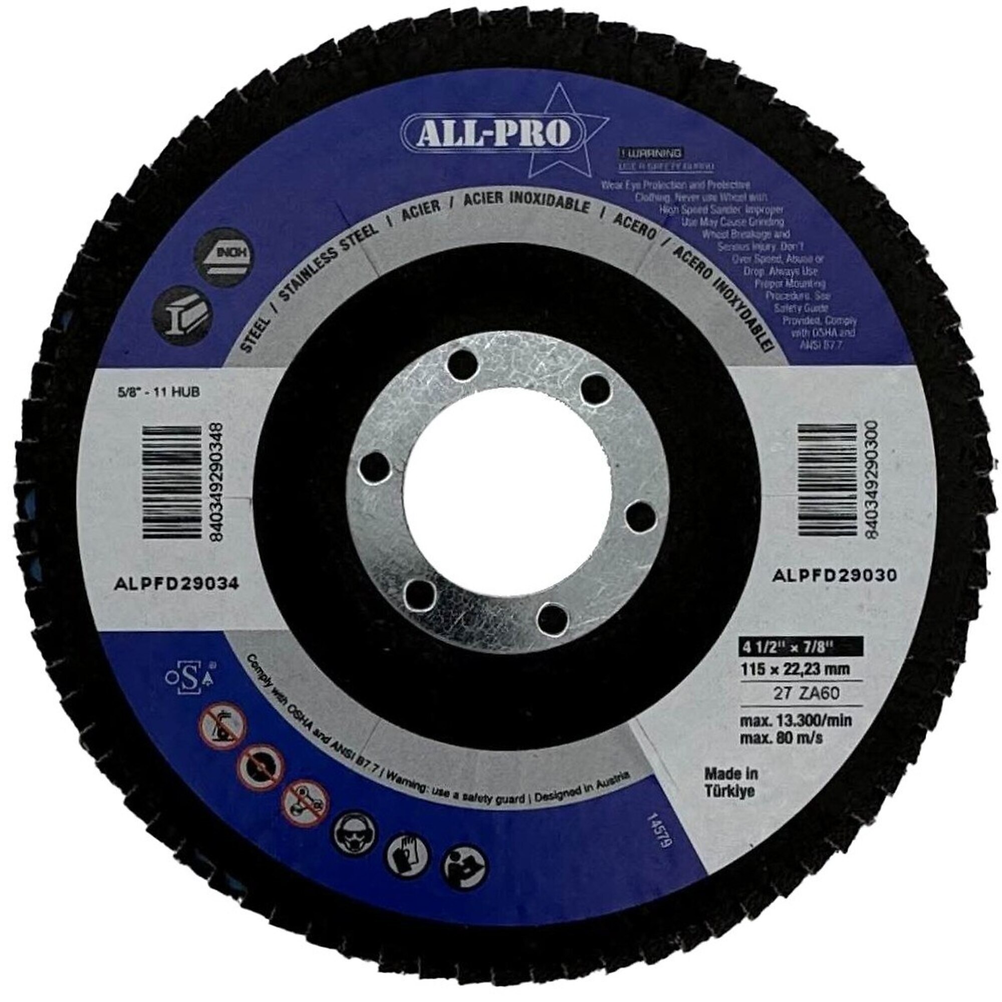 All Pro Flap Disc — 4 1/2in., 7/8in. Arbor, T27, 60 Grit, 10 Pk., Model# ALPFD29030